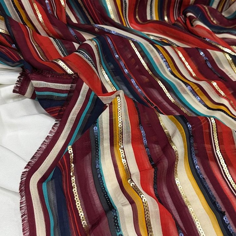 Ethnic Fashion Design - カラフルなストライプ刺繍スパンコール生地エスニックスタイルシャツドレスファッション衣料品デザイナー生地 DIY縫製用布