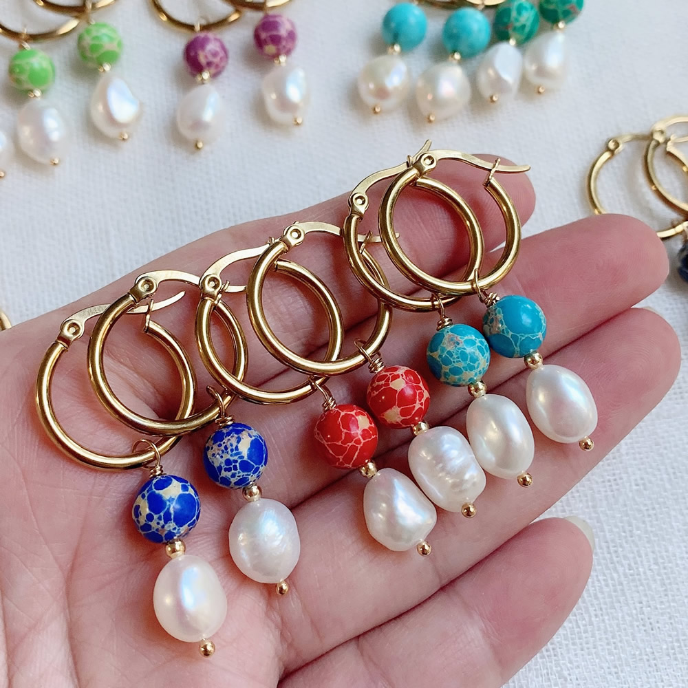 Aura Ethnic Fashion - 女性用パールイヤリング,ナチュラルスタイル,パール,インペリアルカラー,ターコイズ,ステンレス鋼,ボヘミアンスタイル