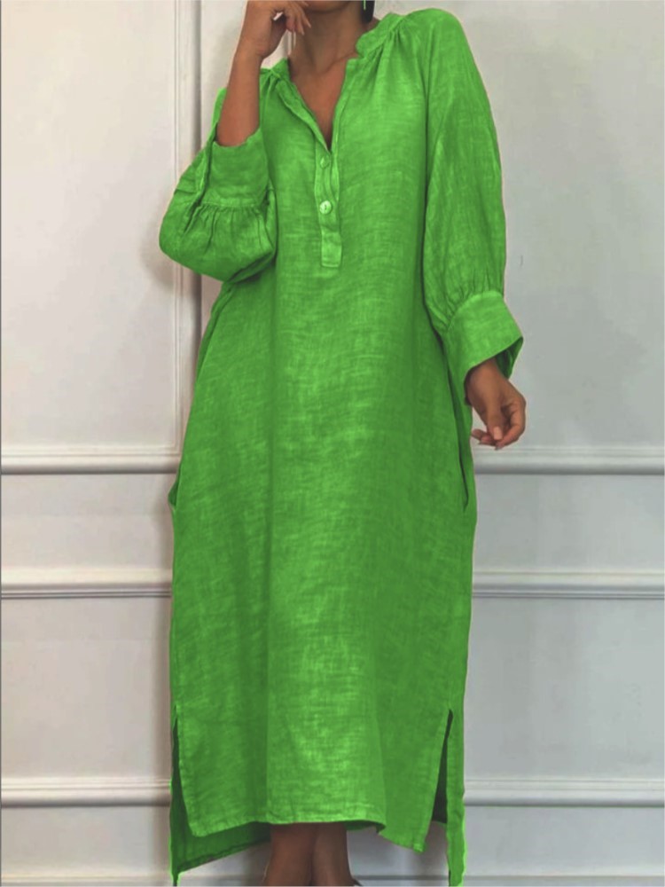 Ethnic Fashion Wear - ファッションコットンリネン長袖ルーズ女性のドレス新しい秋コレクションカジュアルシンプルなポケットエレガントな女性のスリット Dress2025