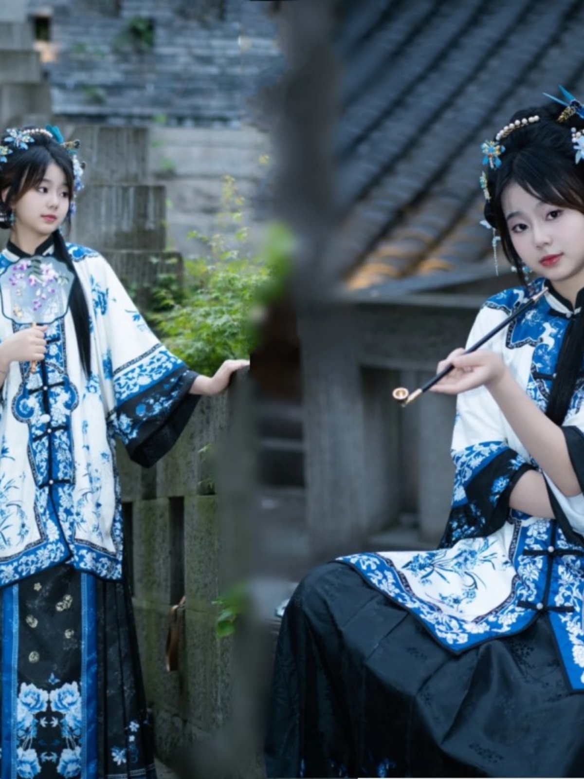Ethnic Fashion Studio - 新しい中国風の写真スタジオ小道具女の子のラウンドネックボタンアップ漢服衣装セット伝統的なエスニック女性のファッション