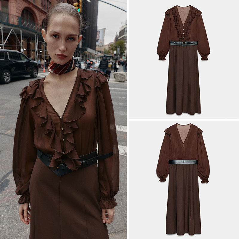 Ethnic Wear In Fashion - エレガントなVネック長袖ミディ丈ワンピース 新作秋レディースファッション ベルト付きワンピース ステージ衣装 エスニックウェア 若い女性向け