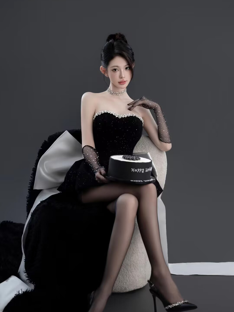 Ethnic Fashion Studio - エレガントな黒の写真撮影用コスチューム、個人撮影やスタジオポートレートに最適、2024年秋ファッションレディースエスニックウェア