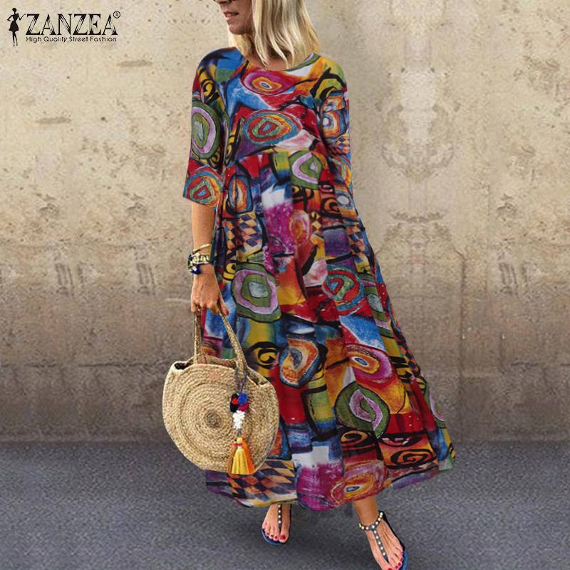 Ethnic Fashion Wear - 2025年秋冬 ZANZEA プリーツワンピース レディース ヴィンテージ ローブ