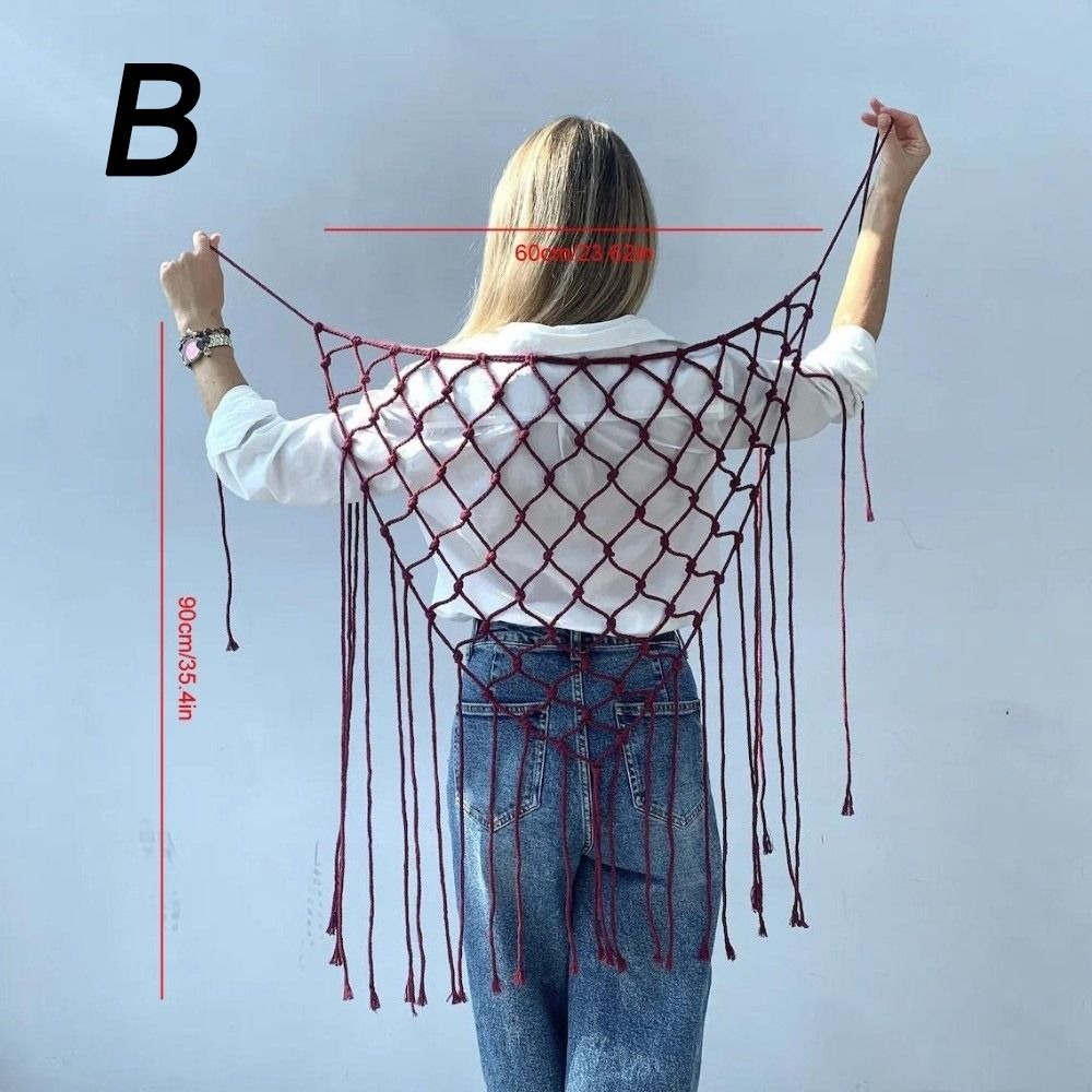 Ethnic Fashion Design - ボヘミアン風ネットフリンジスカーフショール装飾タッセルエスニックデザイン手織りビキニカバーアップメッシュタッセルウエストバンド