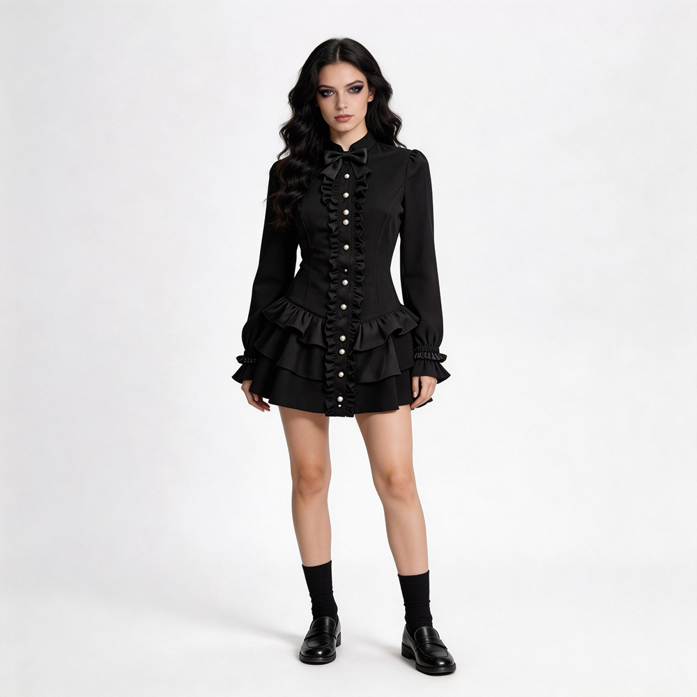 Ethnic Wear In Fashion - 黒ゴシックショートスカートハロウィンヴァンパイアコスプレ長袖ダークルネッサンス女性のファッションステージ衣装エスニックウェア