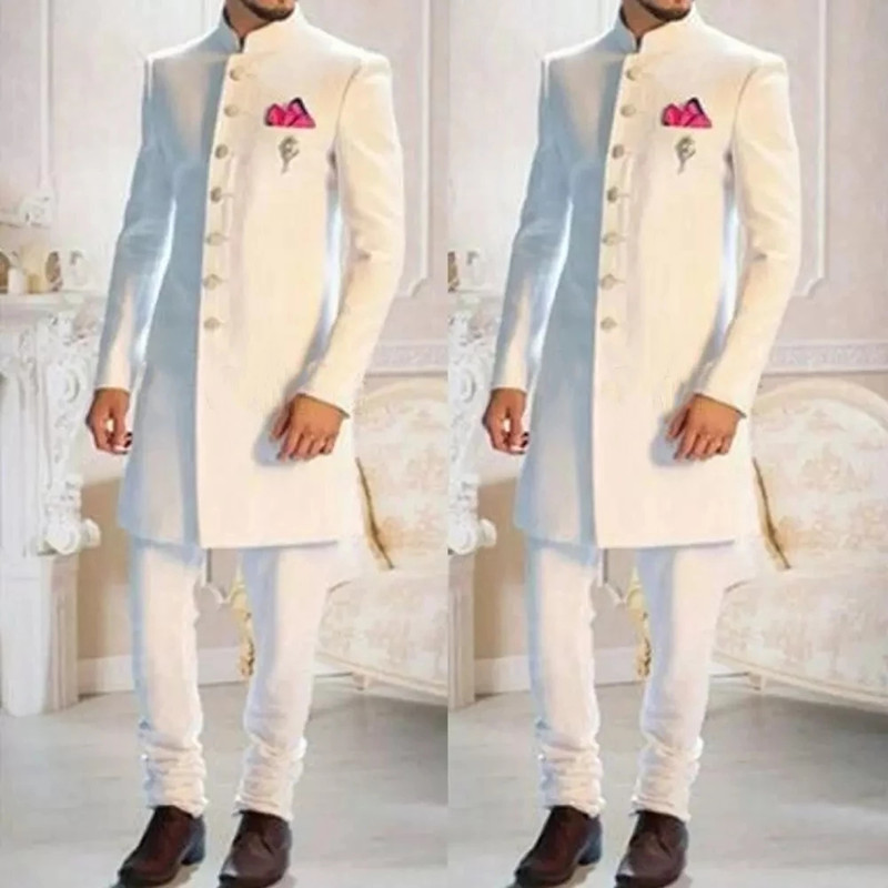 Ethnic Wear Fashion Designer - ファッションデザインホワイトスタンド襟シングルブレストエスニックインドタキシード新郎ロング男性の結婚式フォーマルスリムフィット着用2pc