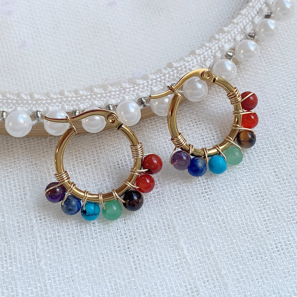 Aura Ethnic Fashion - 女性用7チャクラ天然石イヤリング,レイキジュエリー,ヒーリングジュエリー,7つのビーズ,ステンレス鋼の円