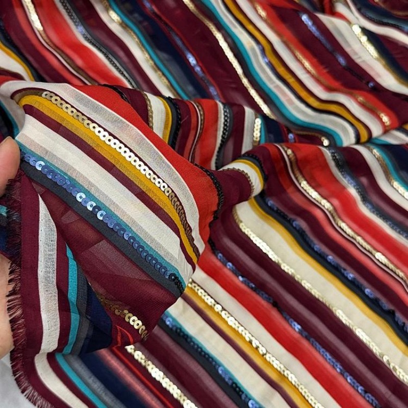カラフルなストライプ刺繍スパンコール生地エスニックスタイルシ - Ethnic Fashion Design のレビューと価格