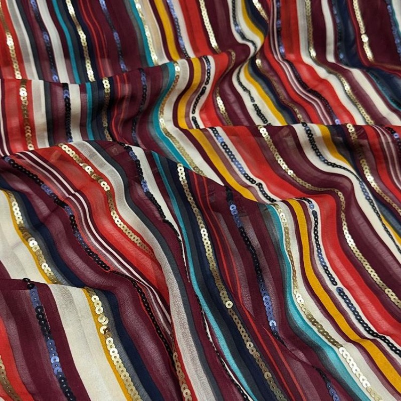 カラフルなストライプ刺繍スパンコール生地エスニックスタイルシ - Ethnic Fashion Design のレビューと価格