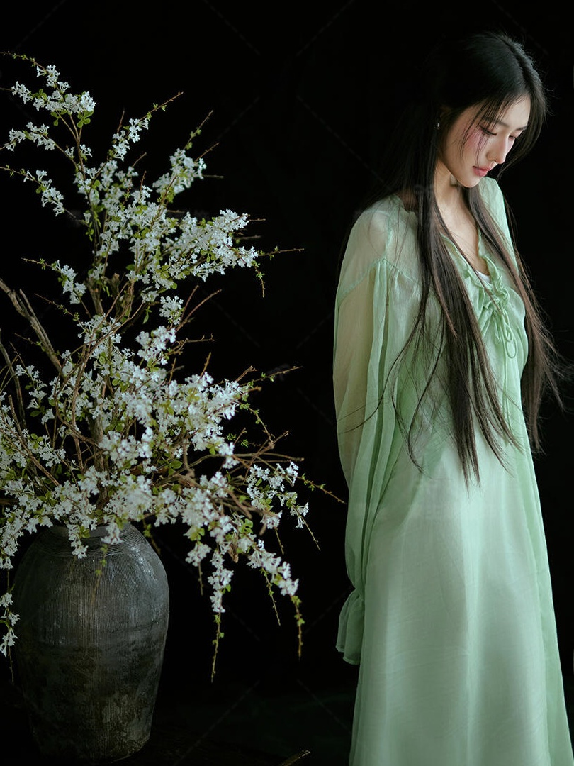 中国風の緑色のドレス伝統的でありながら現代的な改良版漢服写真 - Ethnic Fashion Studio のレビューと価格