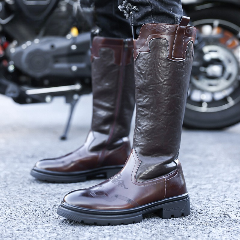 メンズミッドカーフブーツ高品質パテントレザーカジュアルロング - Ethnic Fashion Men のレビューと価格