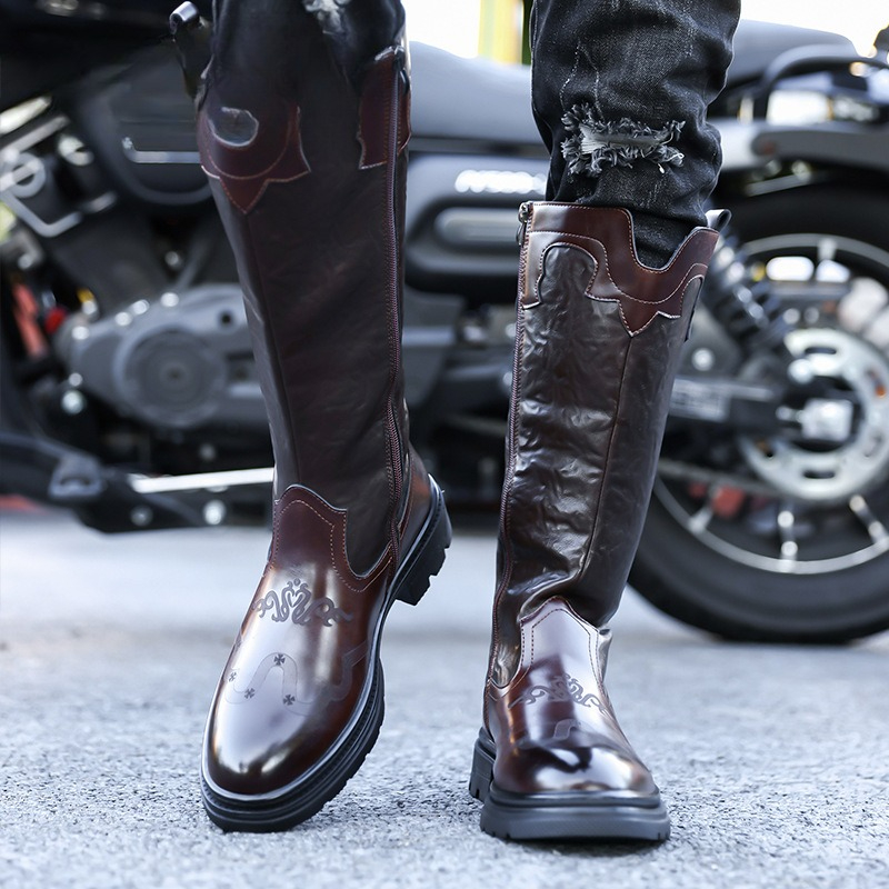 メンズミッドカーフブーツ高品質パテントレザーカジュアルロング - Ethnic Fashion Men のレビューと価格
