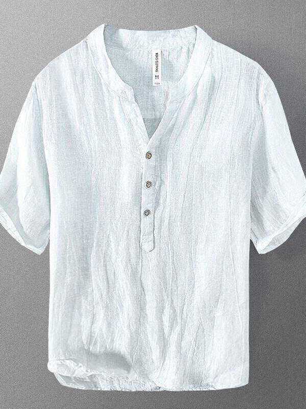 新しい中国風メンズ半袖Tシャツ薄い綿麻素材スタンドカラーボタ - Ethnic Fashion Wear のレビューと価格